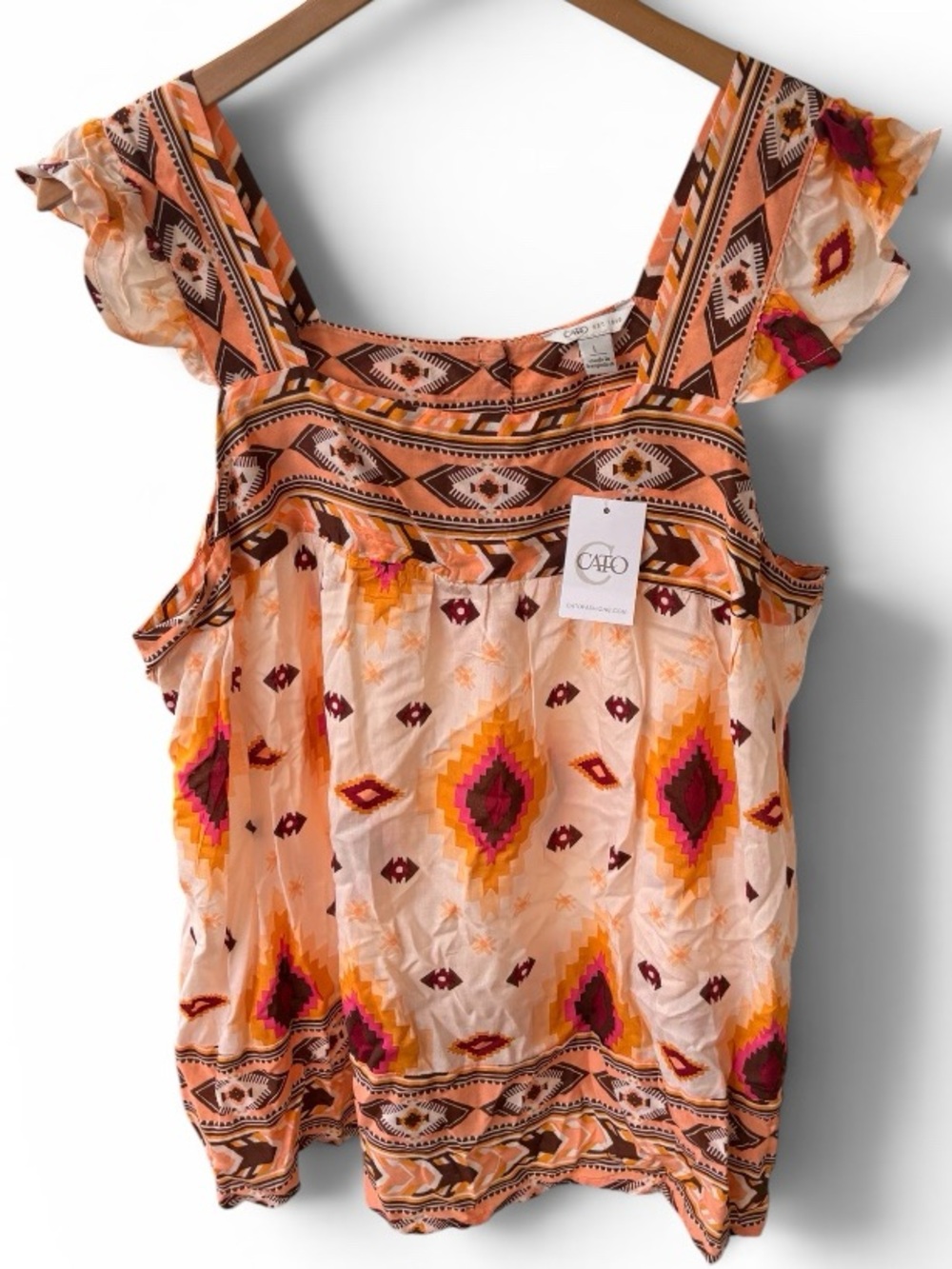 Cato Peach Orange Pattern Square-Neck Flutter Sleeve Blouse Boho Southwestern L